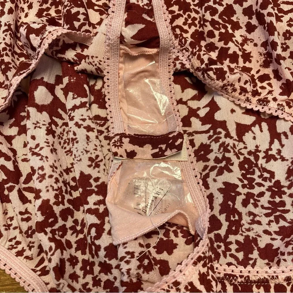 Free People Intimately Red Be Kind Bodysuit Size Medium Pink Floral Ties NWOT